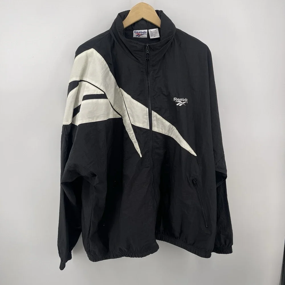 Vintage Reebok Big Logo Black Nylon Full Zip 90s Windbreaker Jacket Mens XL